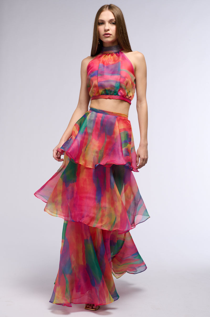 HOT TODDY PRINTED HALTER TOP AND MAXI SKIRT TWO PIECE SET