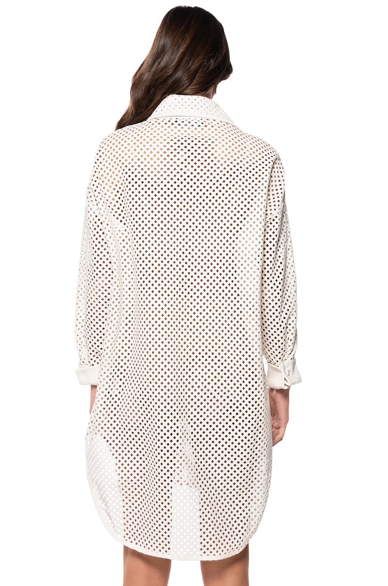 PICNIC MODE LASER CUT FAUX LEATHER BUTTON DOWN MINI DRESS IN WHITE