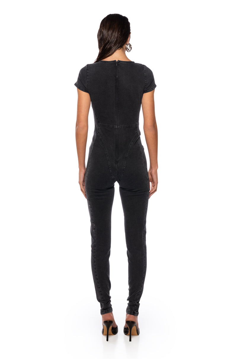 NEVER SLOWING DOWN DENIM JUMPSUIT
