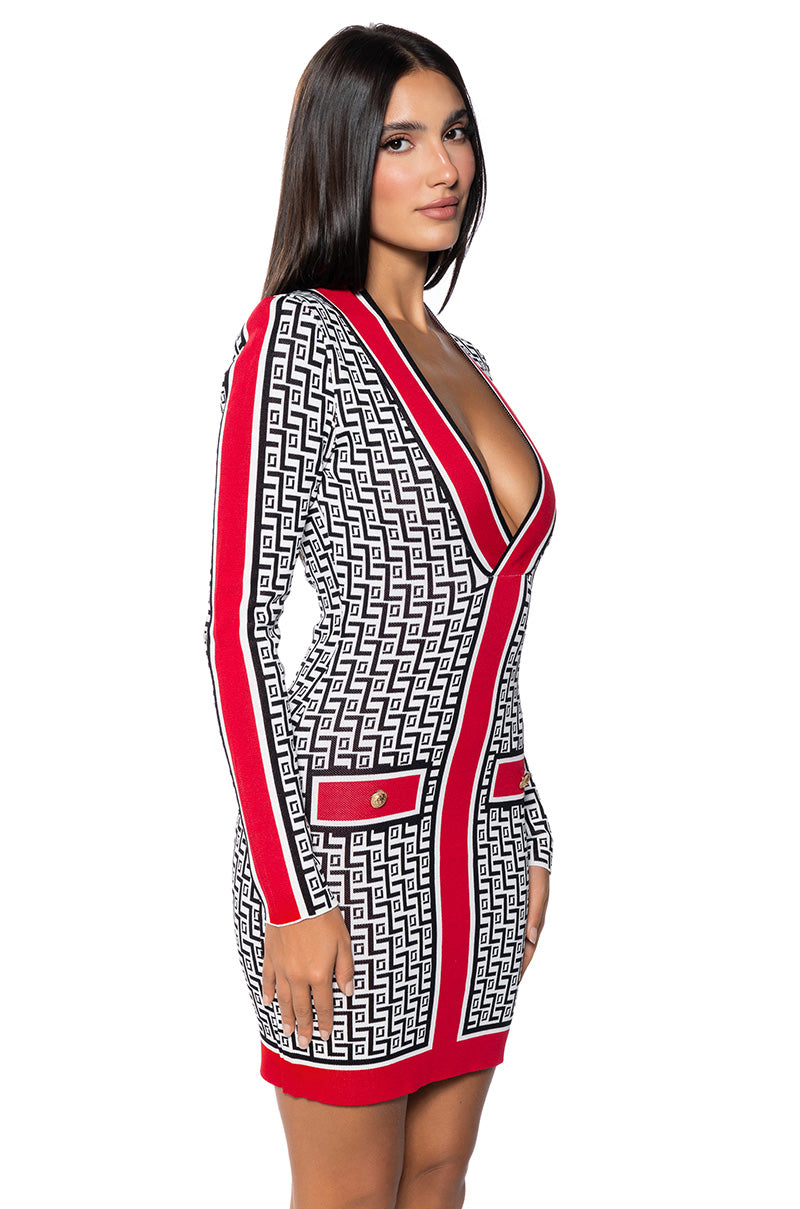 MAZEY PRINTED LONG SLEEVE MINI DRESS