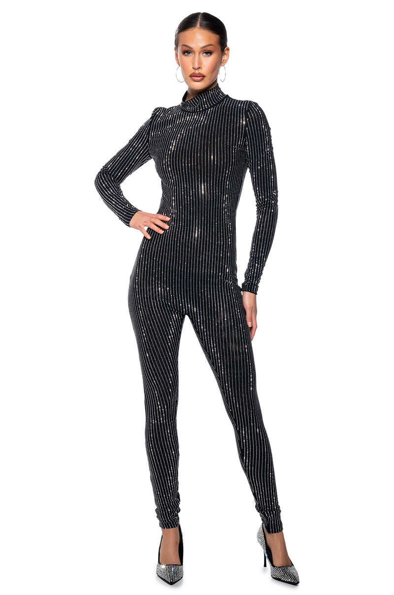 ALL ABOUT ME STRIPED RHINESTONE JUMPSUIT