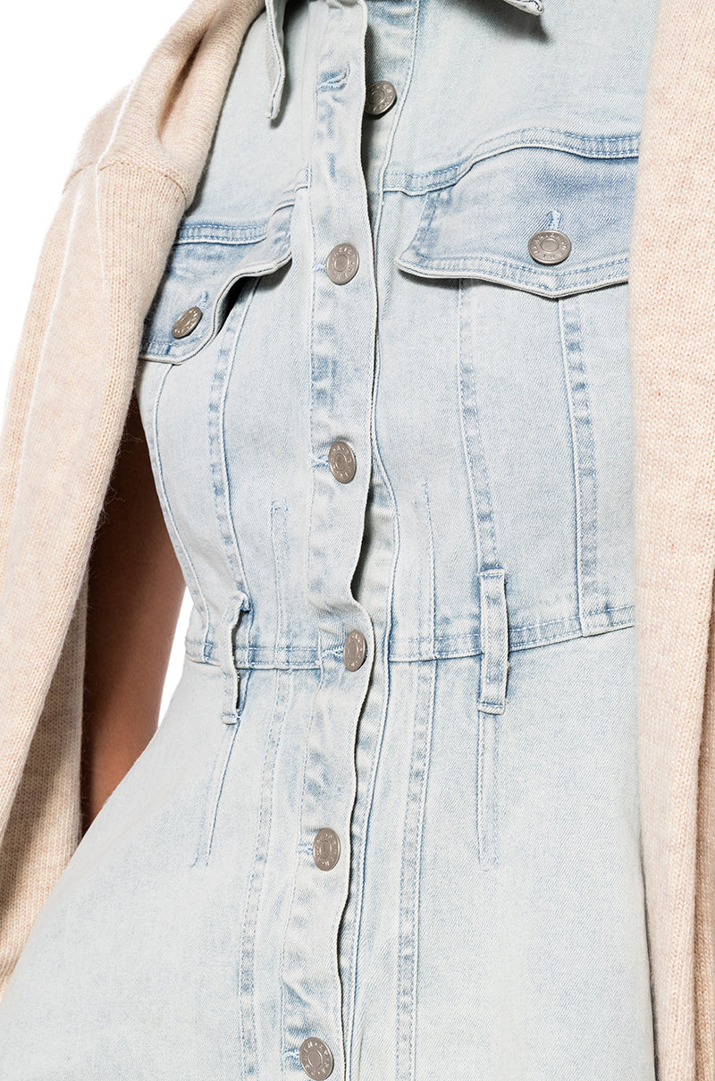 WINONA CAP SLEEVE BUTTON DOWN DENIM MIDI DRESS