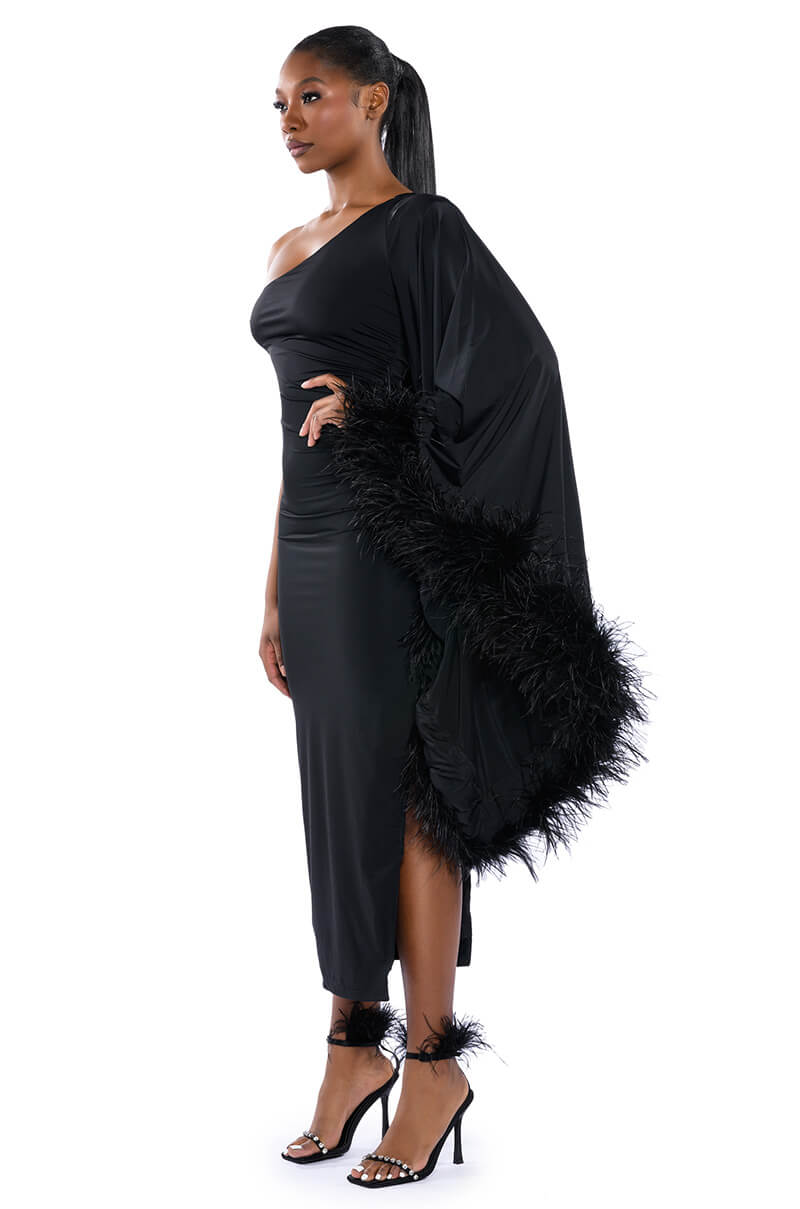 BRING THE DRAMA ONE SLEEVE FEATHER DRESS