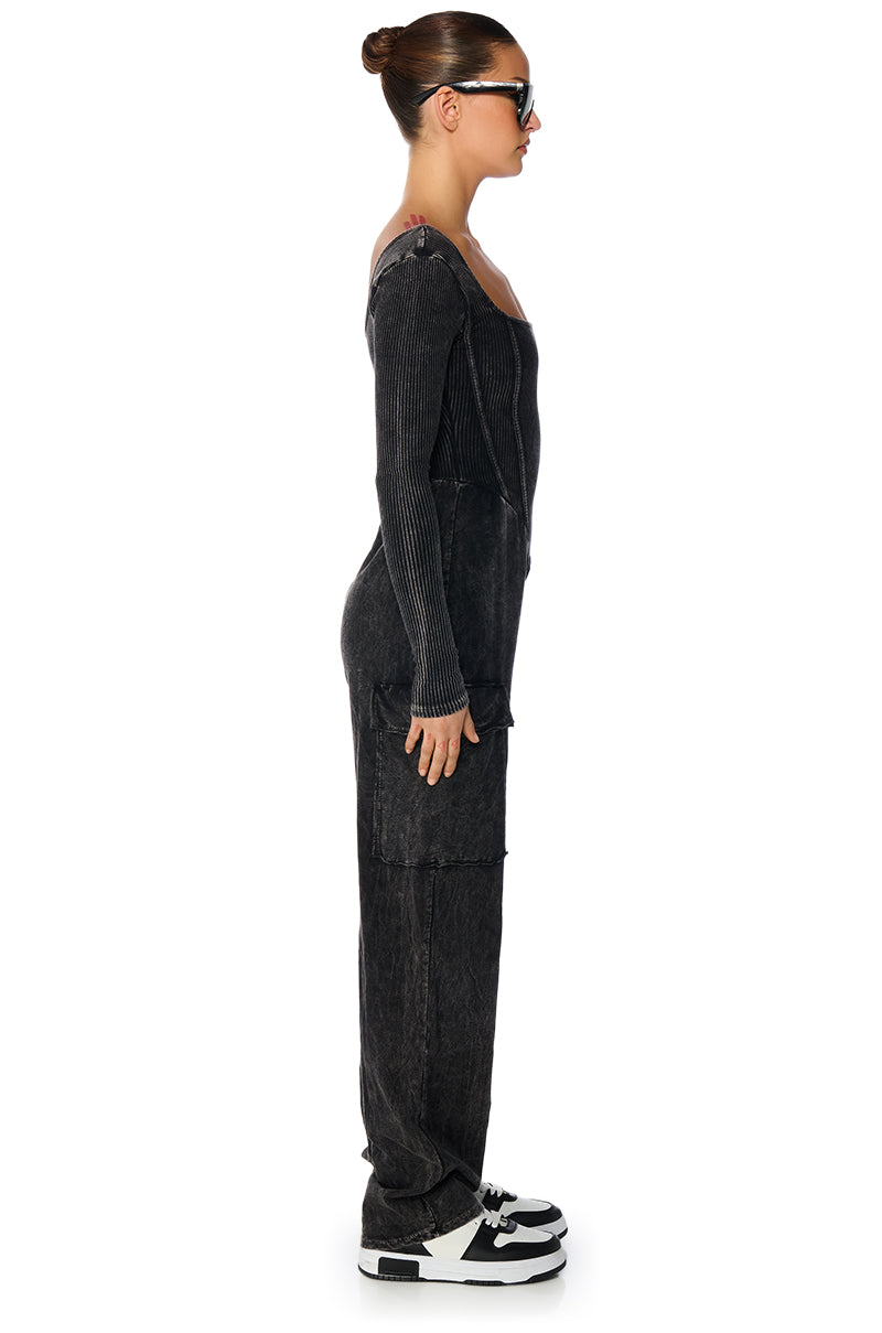MILLIE MINERAL WASH CARGO JUMPSUIT IN BLACK