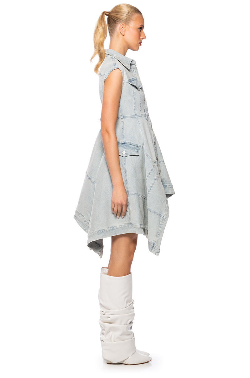 WINONA CAP SLEEVE BUTTON DOWN DENIM MIDI DRESS