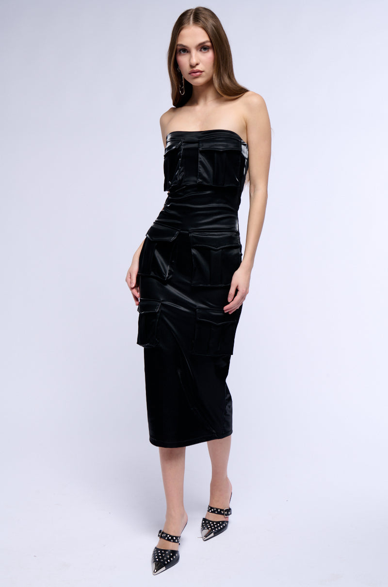 LOST CARGO FAUX LEATHER MIDI DRESS