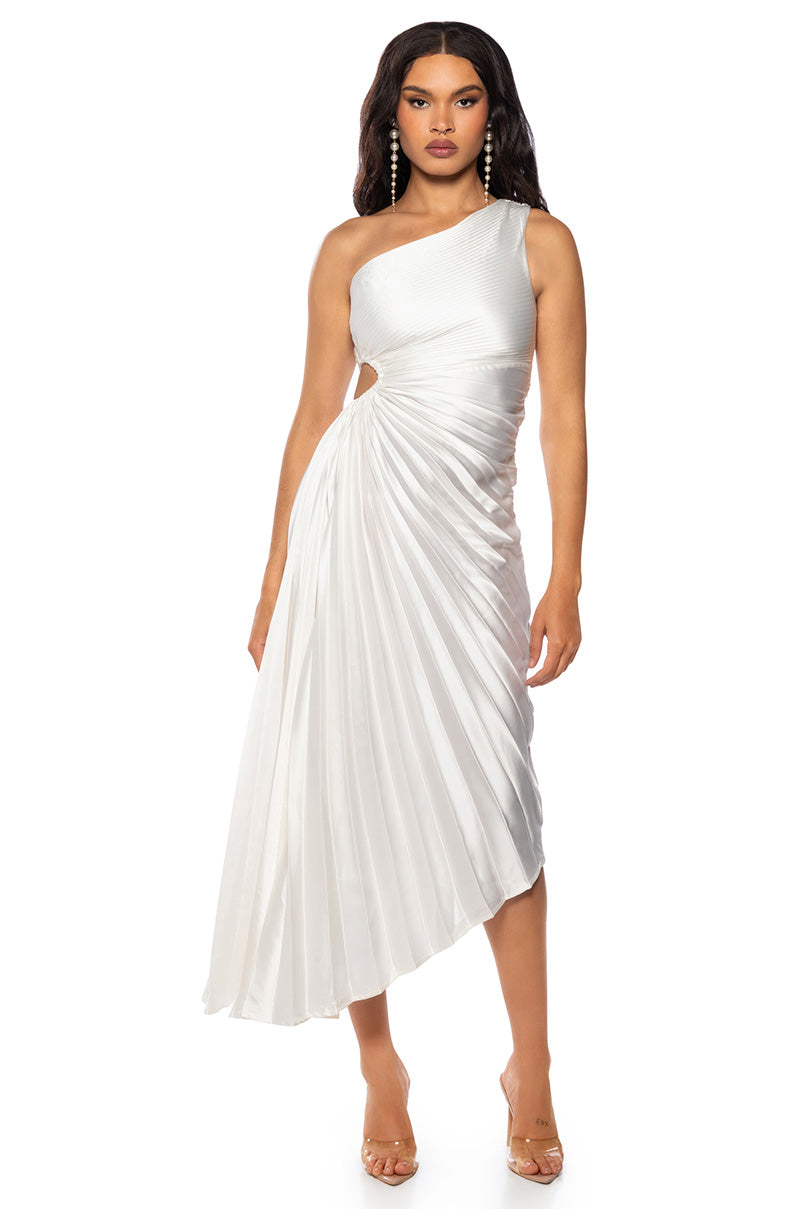 PLEATED ONE SHOULDER MIDI DRESS