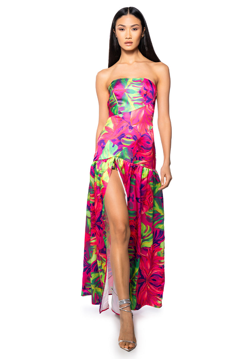 TROPICAL GETAWAY SATIN PRINTED MAXI DRESS