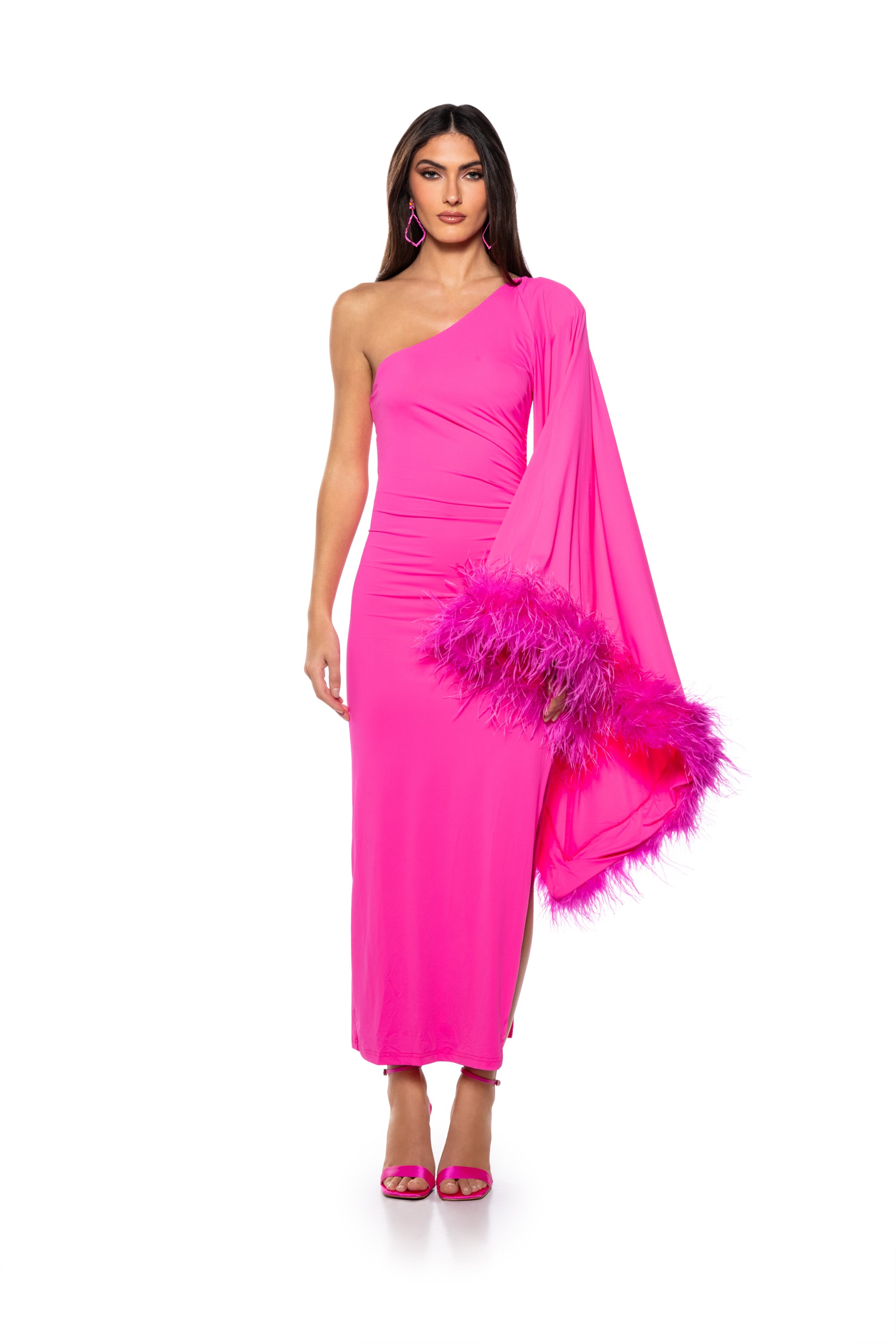 BRING THE DRAMA ONE SLEEVE FEATHER DRESS