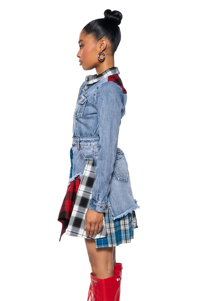 PATCHWORK PLAID DENIM MINI DRESS