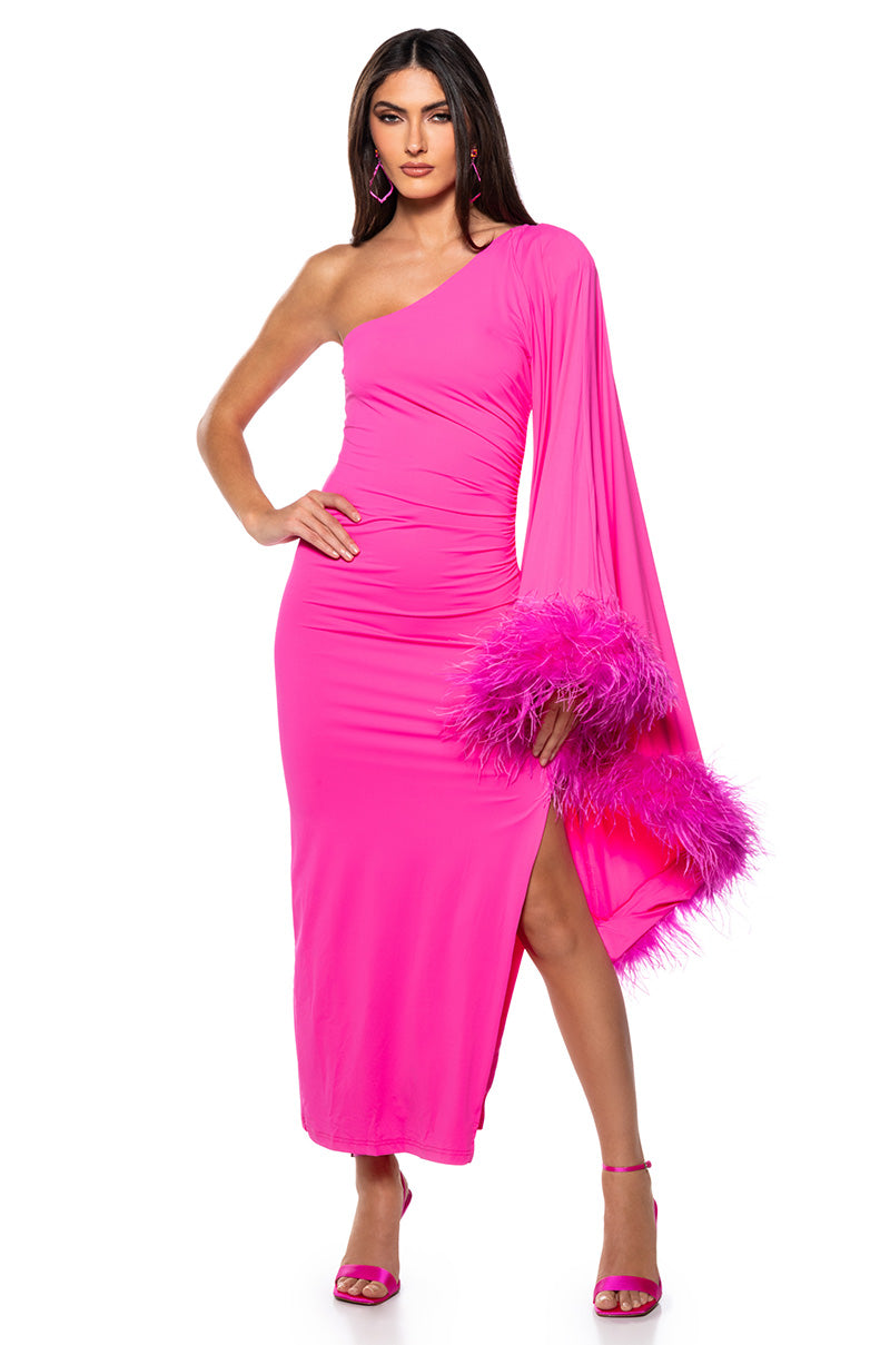 BRING THE DRAMA ONE SLEEVE FEATHER DRESS