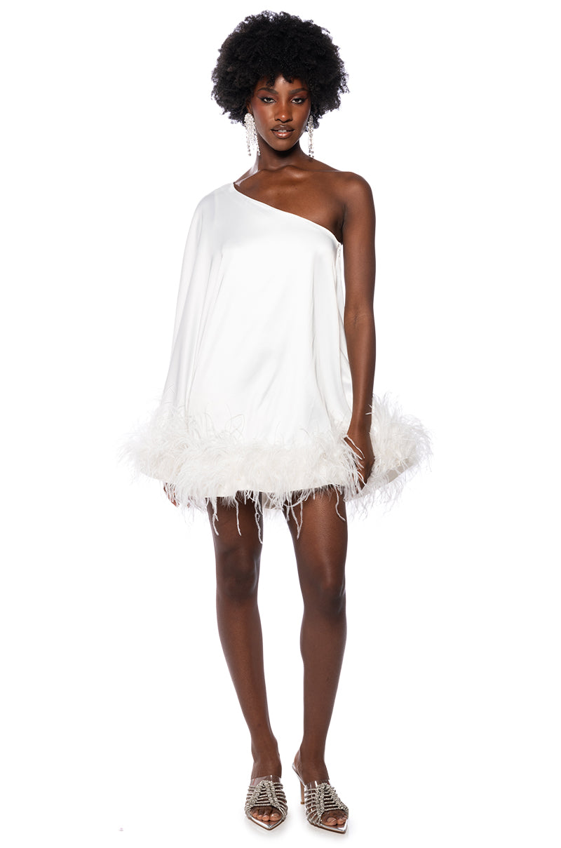 ISNT IT LOVELY ONE SHOULDER FEATHER HEM MINI DRESS IN WHITE