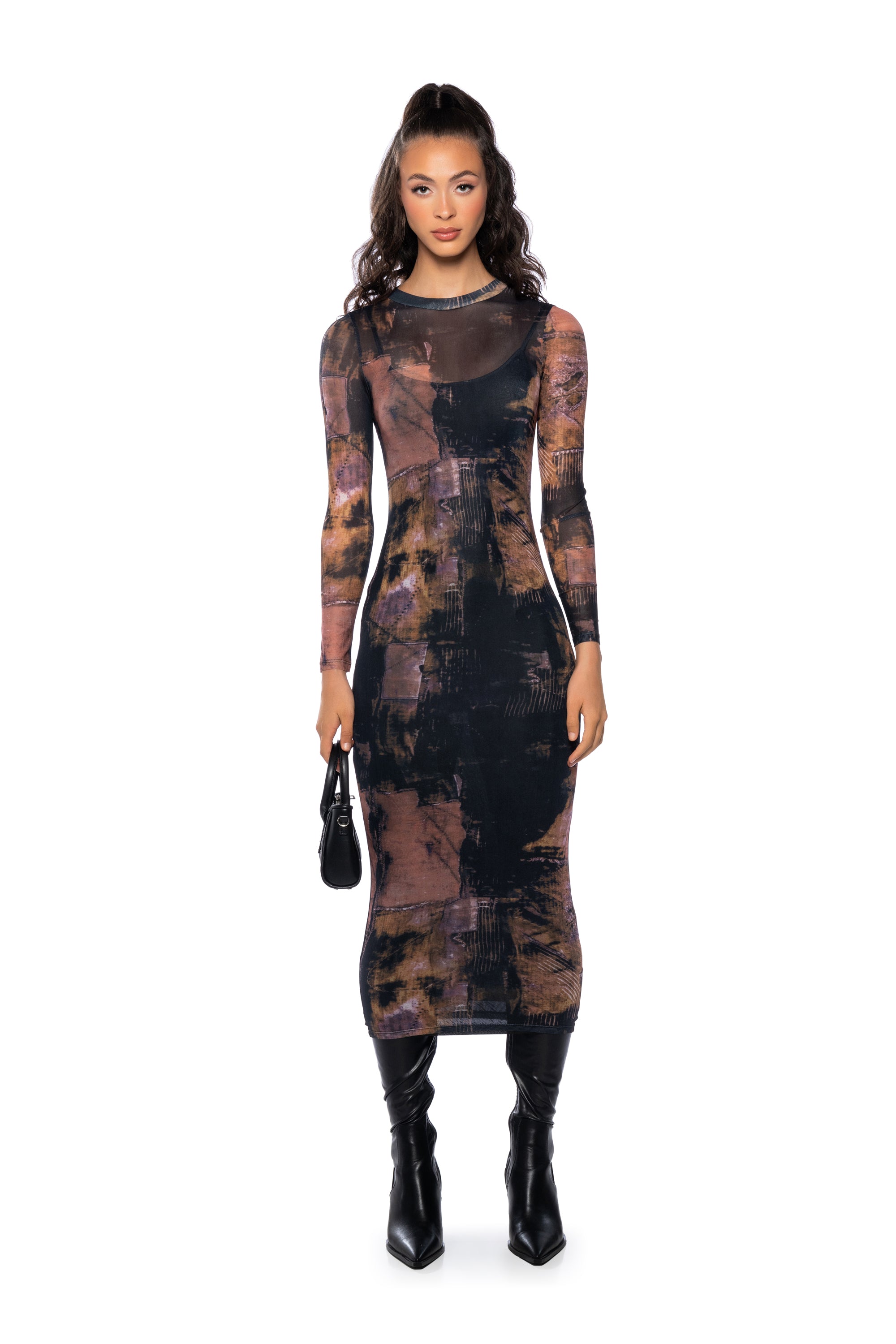 MATTY LONG SLEEVE PRINTED MESH DRESS