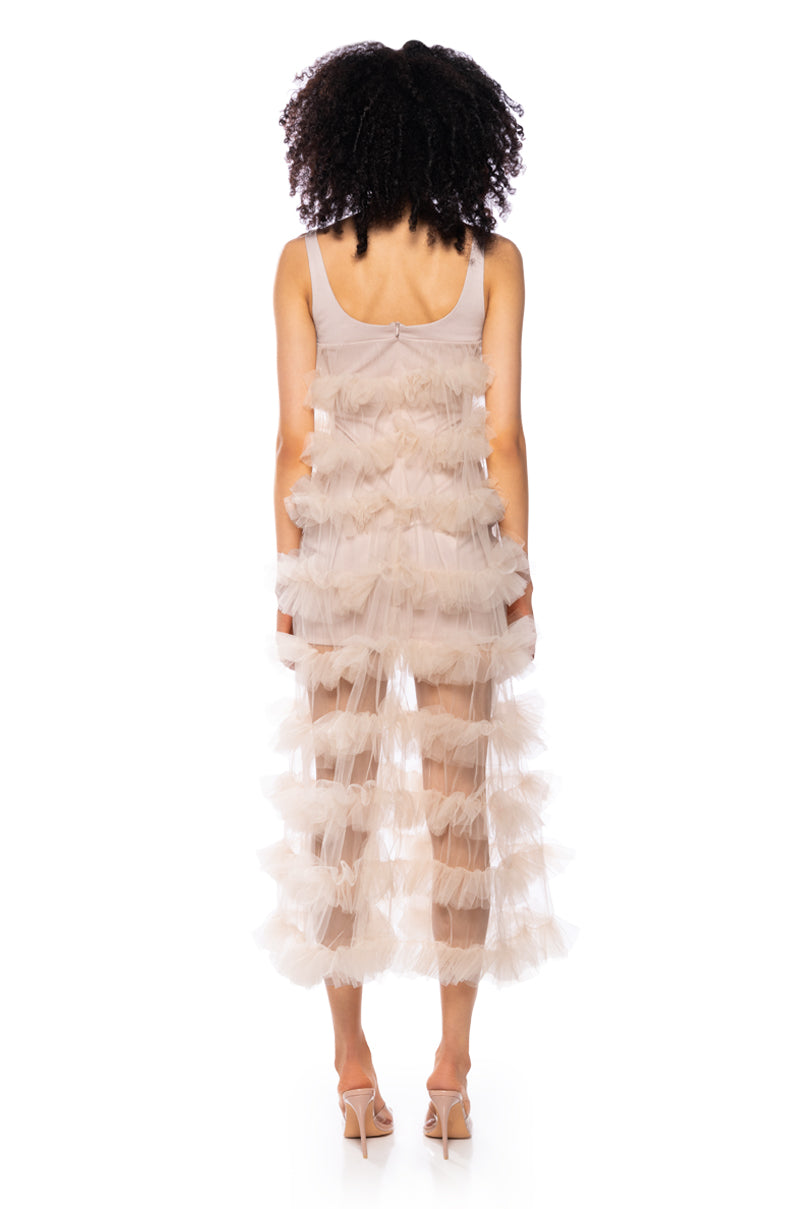 SUGAR PLUM DREAMS SHEER RUFFLE MAXI DRESS