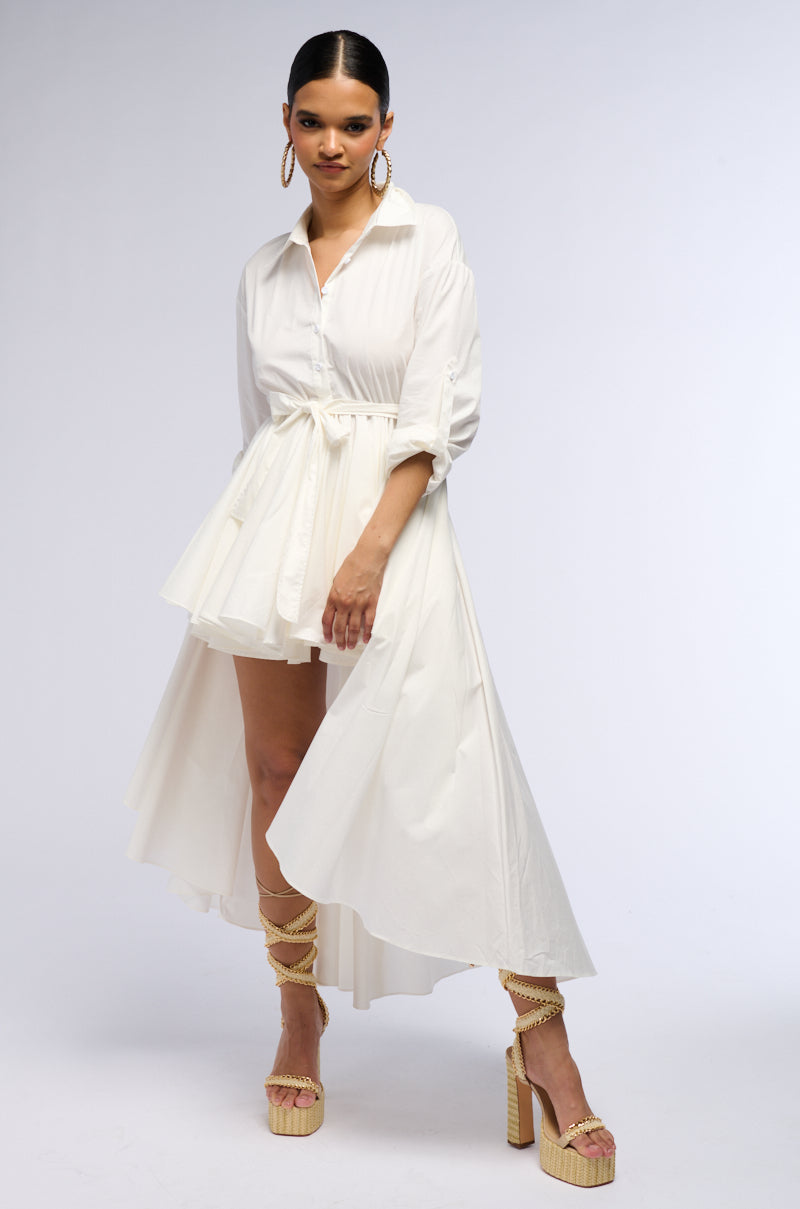 SHOW A LITTLE LEG POPLIN HIGH LOW DRESS