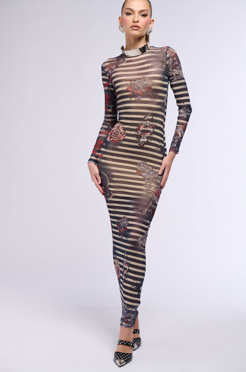 COOLEST GIRL ON THE BLOCK PRINTED MESH MAXI DRESS
