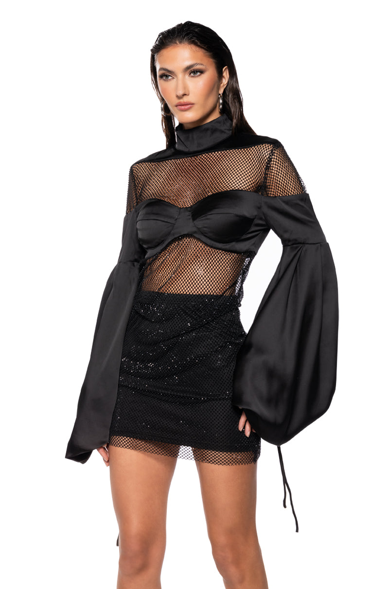 ASHLEY SATIN RHINESTONE MINI DRESS