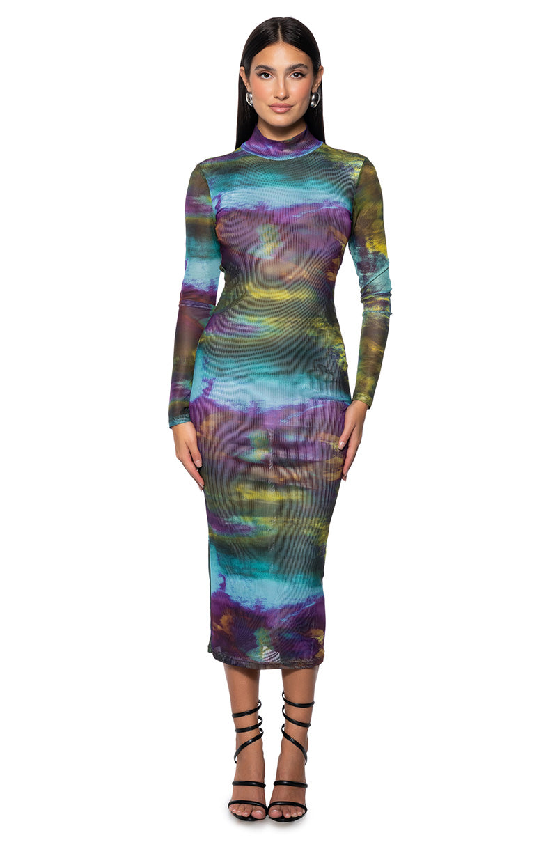 WATERCOLOR PRINTED MESH MIDI DRESS