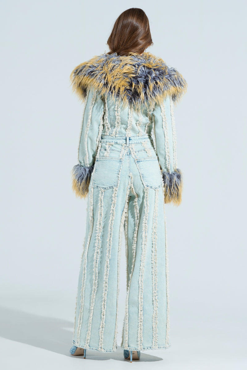 GET OUT OF MY WAY DENIM FUR JUMPSUIT