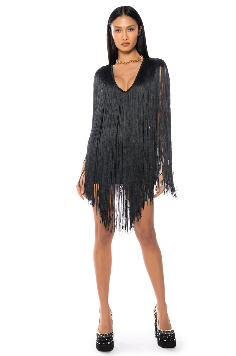 STEVIE DEEP V BANDAGE WITH FRINGE MINI DRESS