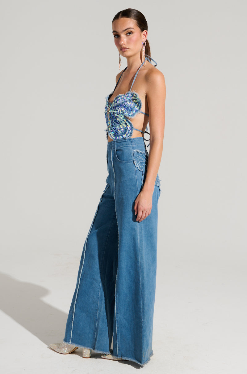 SPREAD YOUR WINGS DENIM BUTTERFLY JUMPSUIT