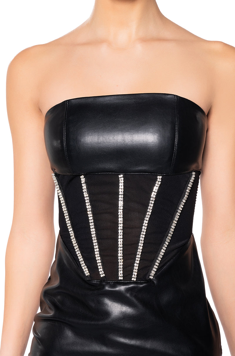 LUXURY VENTURES FAUX LEATHER STRAPLESS DRESS