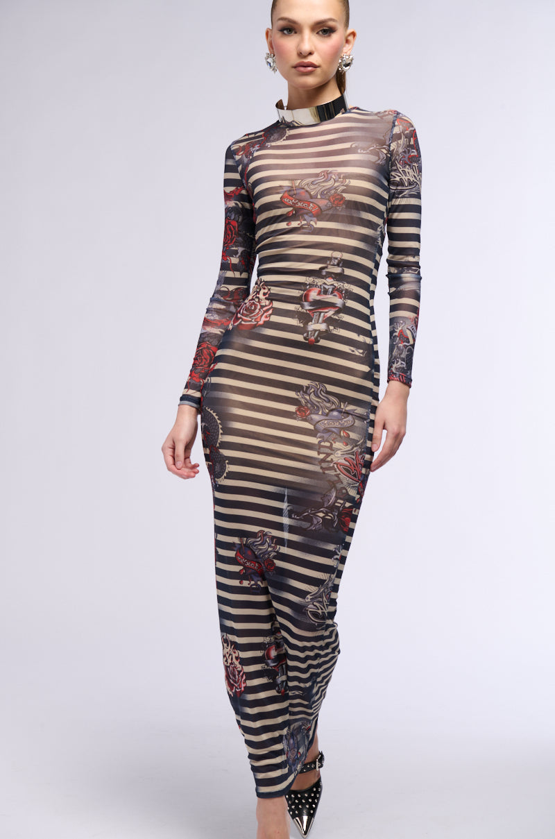 COOLEST GIRL ON THE BLOCK PRINTED MESH MAXI DRESS