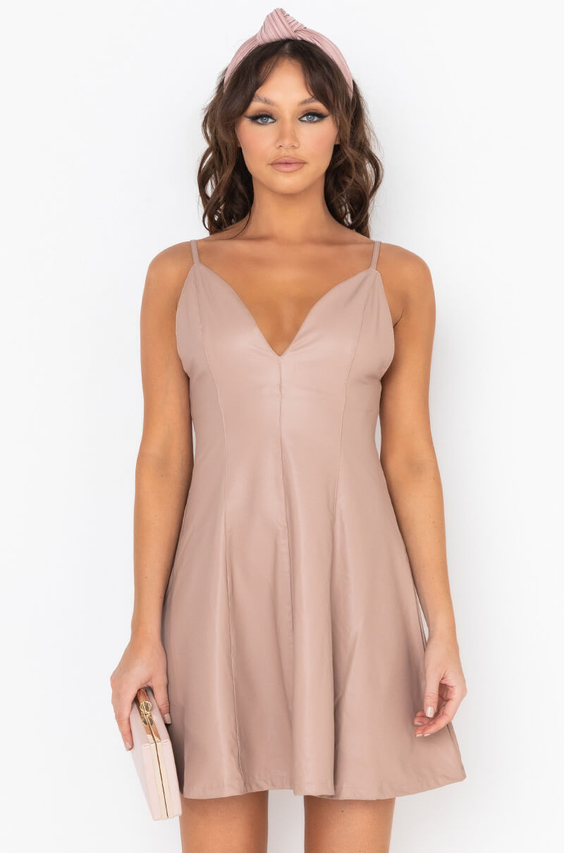 VEGAN LEATHER ESSENTIAL MINI DRESS BROWN