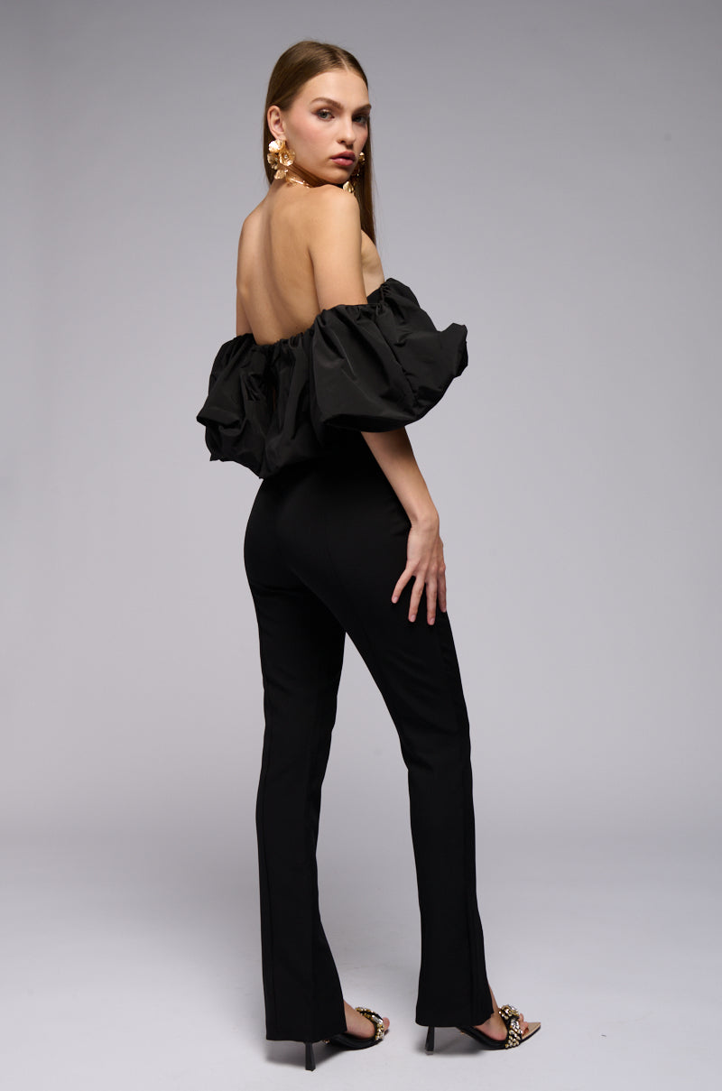 IM SPEAKING OFF THE SHOULDER JUMPSUIT IN BLACK