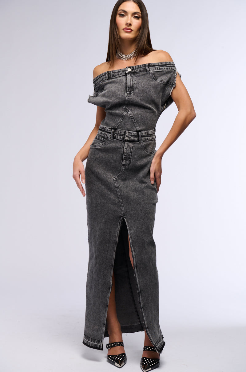 DERRIA OFF THE SHOULDER DENIM MAXI DRESS