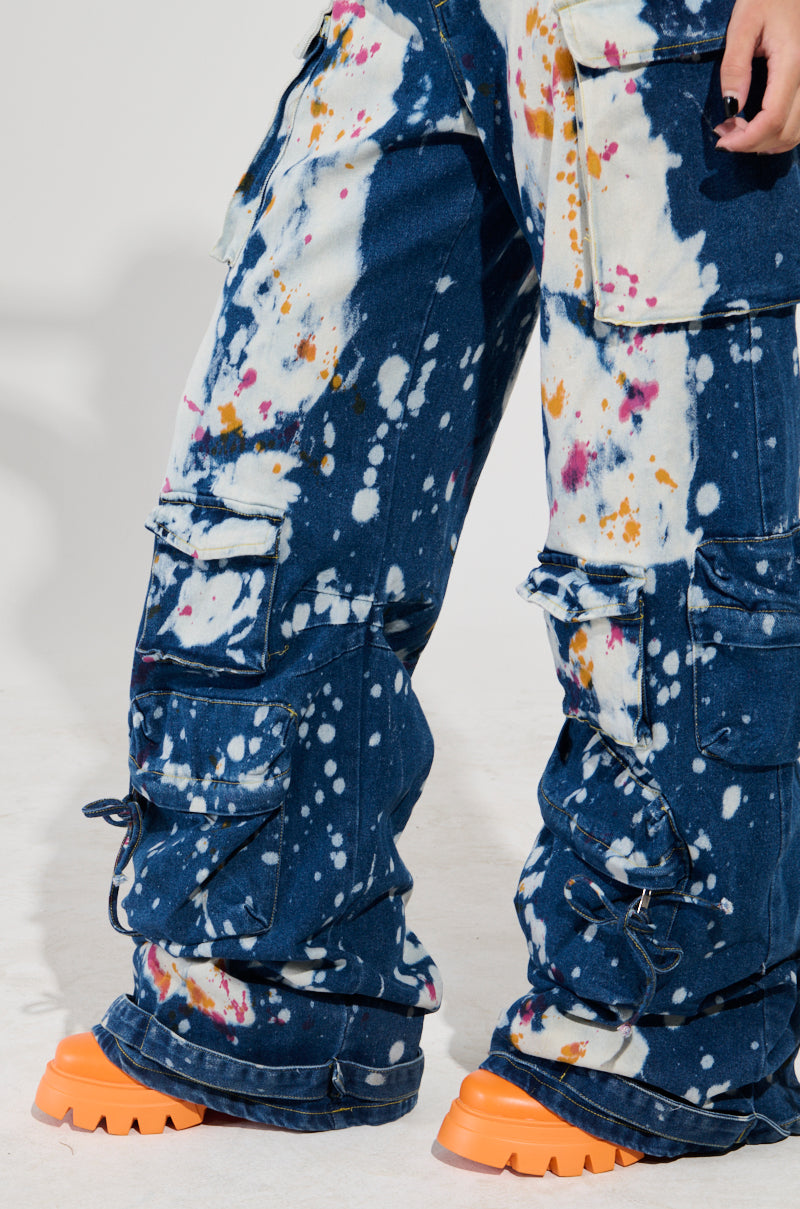 LAURYN STRAPLESS CARGO SPLATTERED DENIM JUMPSUIT