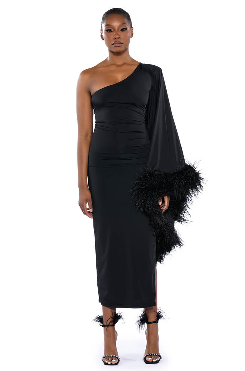 BRING THE DRAMA ONE SLEEVE FEATHER DRESS