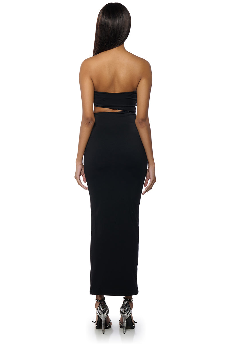 WOKE UP LIKE THIS STRAPLESS CUT OUT MIDI DRESS IN BLACK