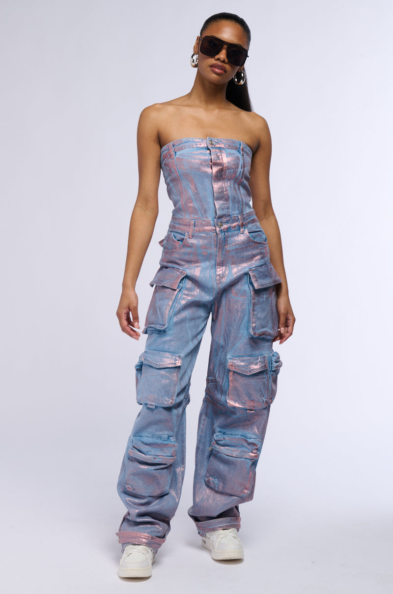 STAR OF THE SHOW METALLIC DENIM JUMPSUIT IN ROSE GOLD