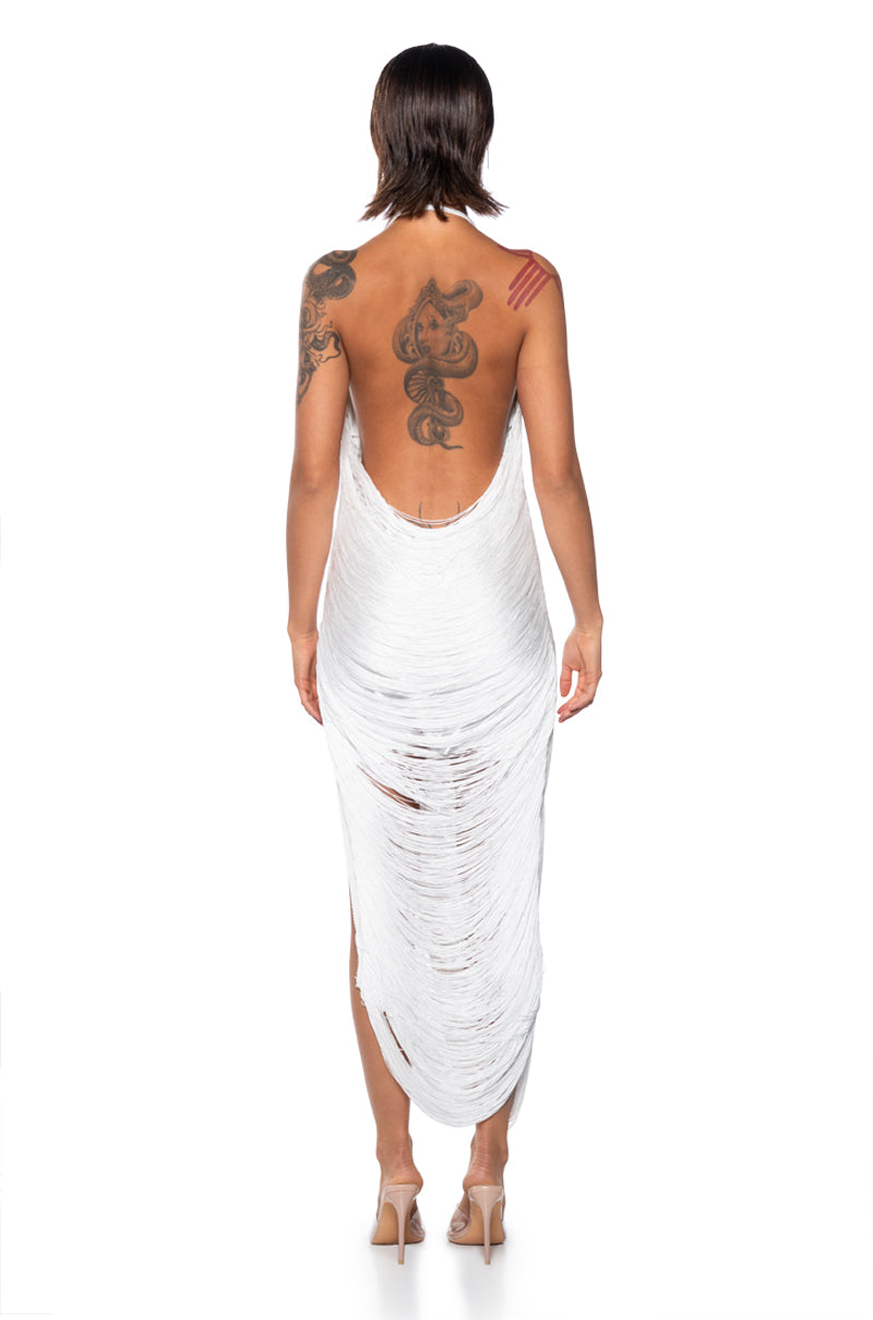GIANINA FRINGED COWL NECK MAXI DRESS IN WHITE