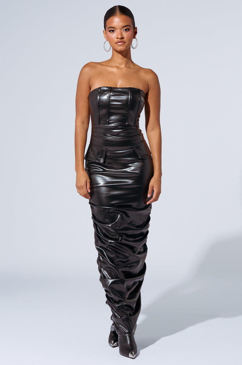 ASH STRAPLESS CARGO MAXI DRESS IN BLACK PU