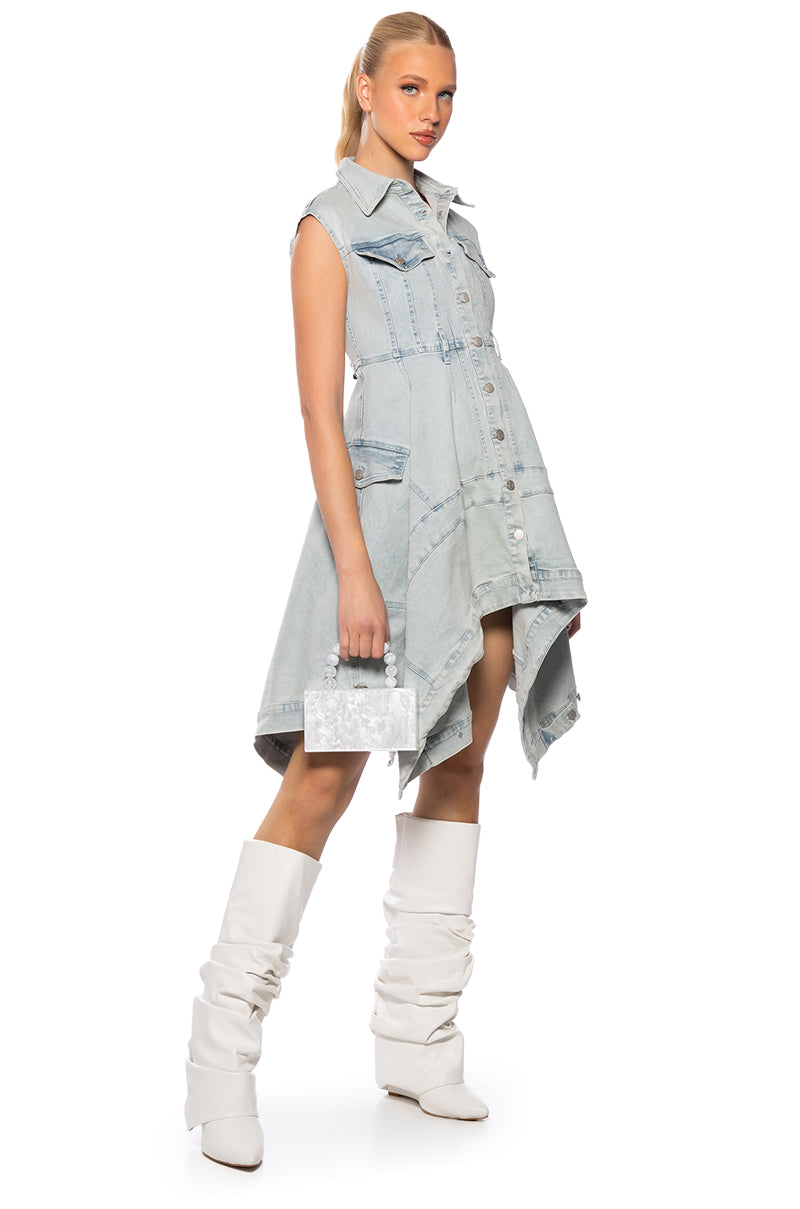 WINONA CAP SLEEVE BUTTON DOWN DENIM MIDI DRESS