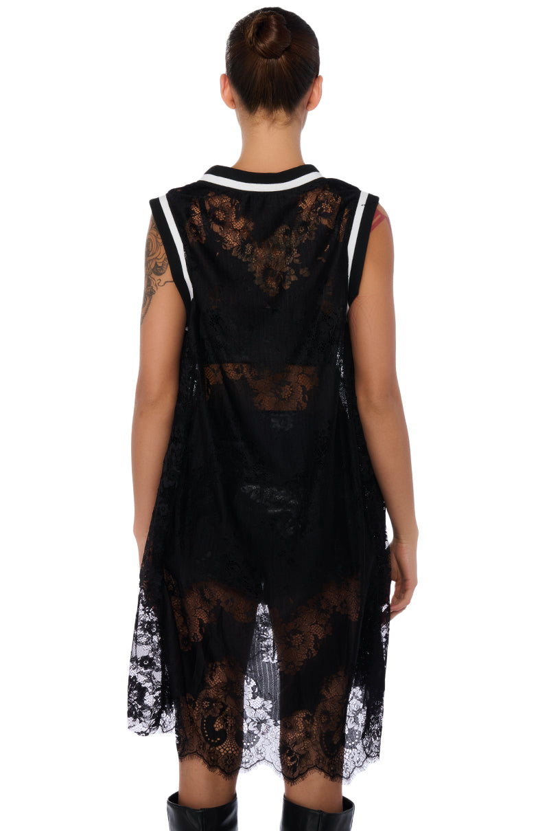 ON THE SIDELINES LACE JERSEY MINI DRESS