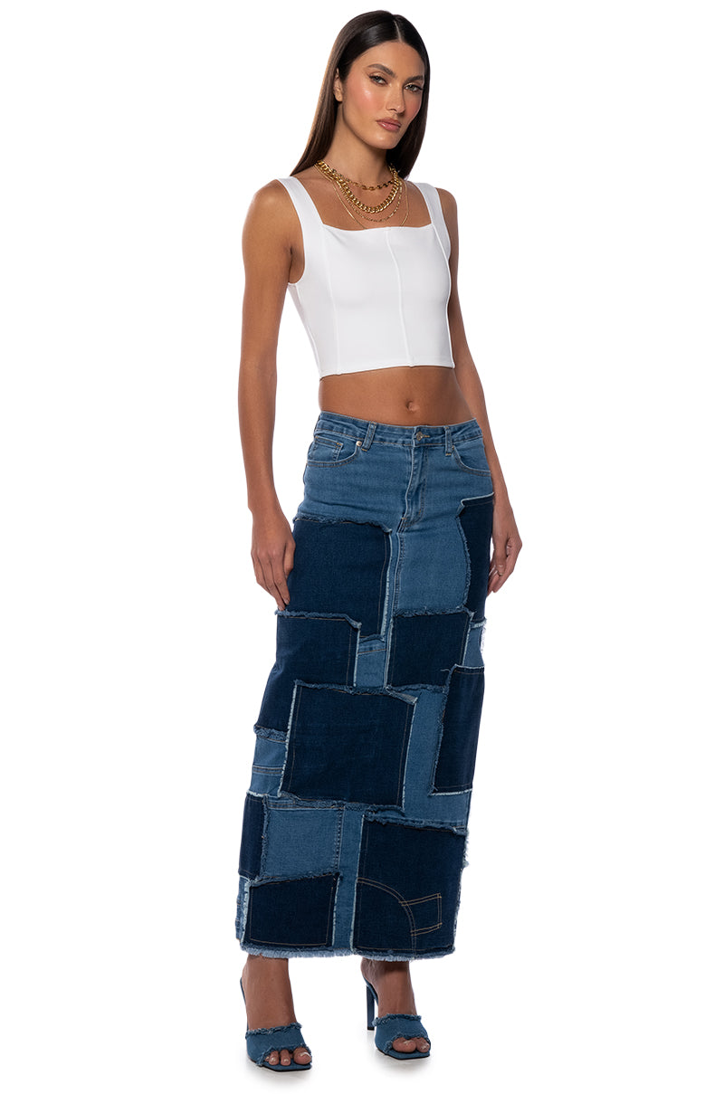 ALWAYS GOOD PATCHWORK DENIM MAXI SKIRT