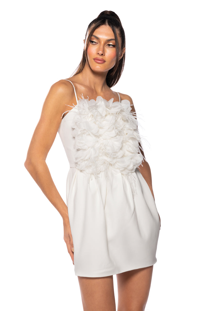 GAIA FLORAL FEATHER APPLIQUE SLEEVELESS MINI DRESS