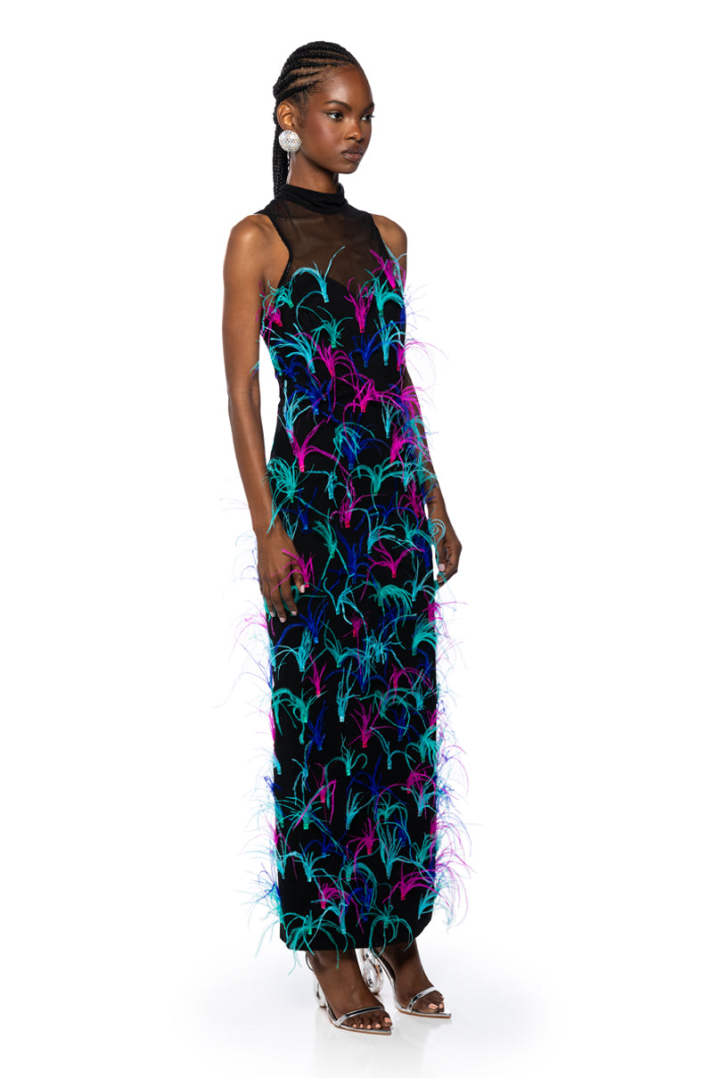 JAZZED UP FEATHER MAXI DRESS