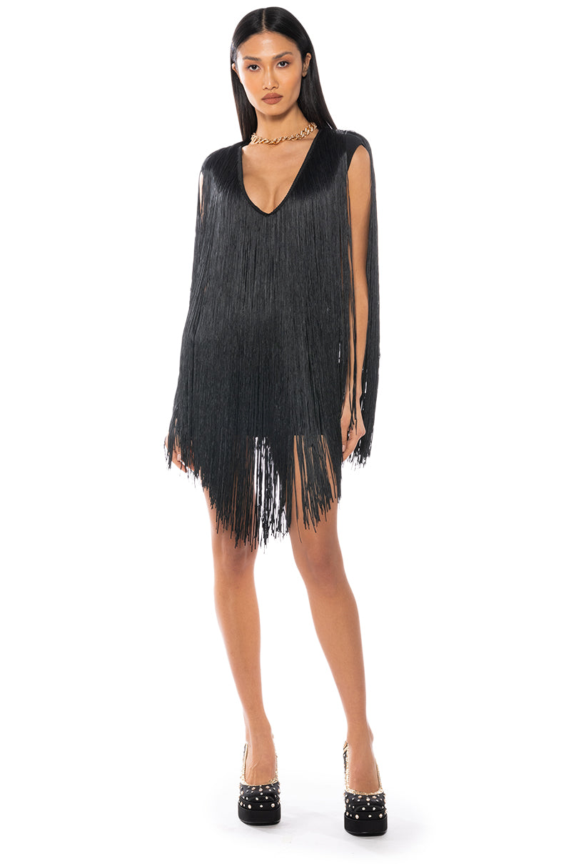 STEVIE DEEP V BANDAGE WITH FRINGE MINI DRESS