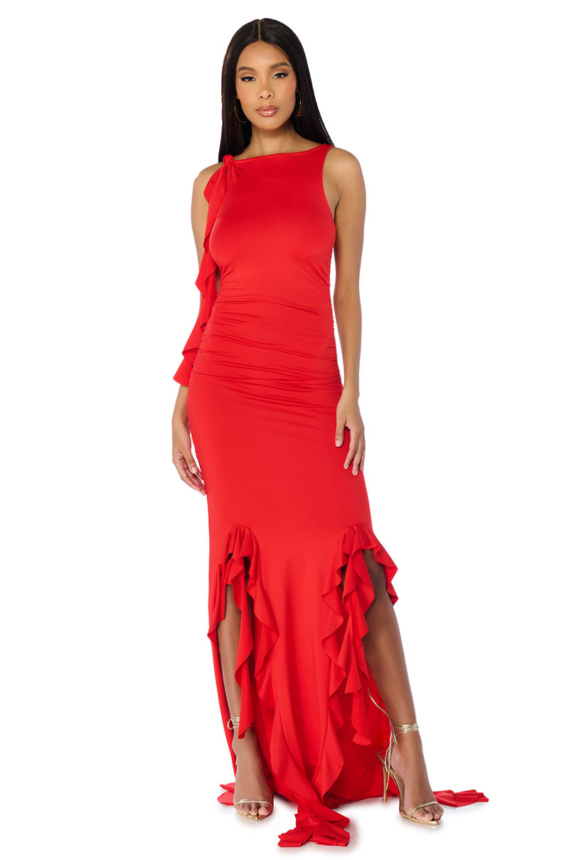 ITS A PARTY RUFFLED MAXI DRESS IN RED