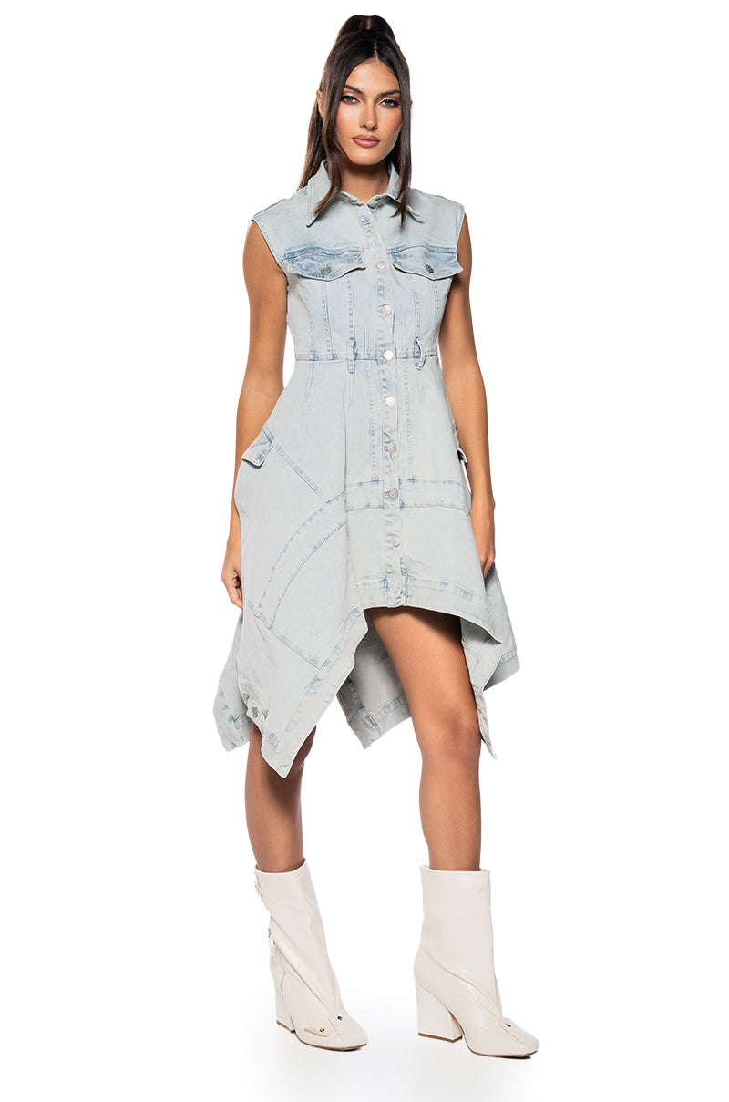 WINONA CAP SLEEVE BUTTON DOWN DENIM MIDI DRESS
