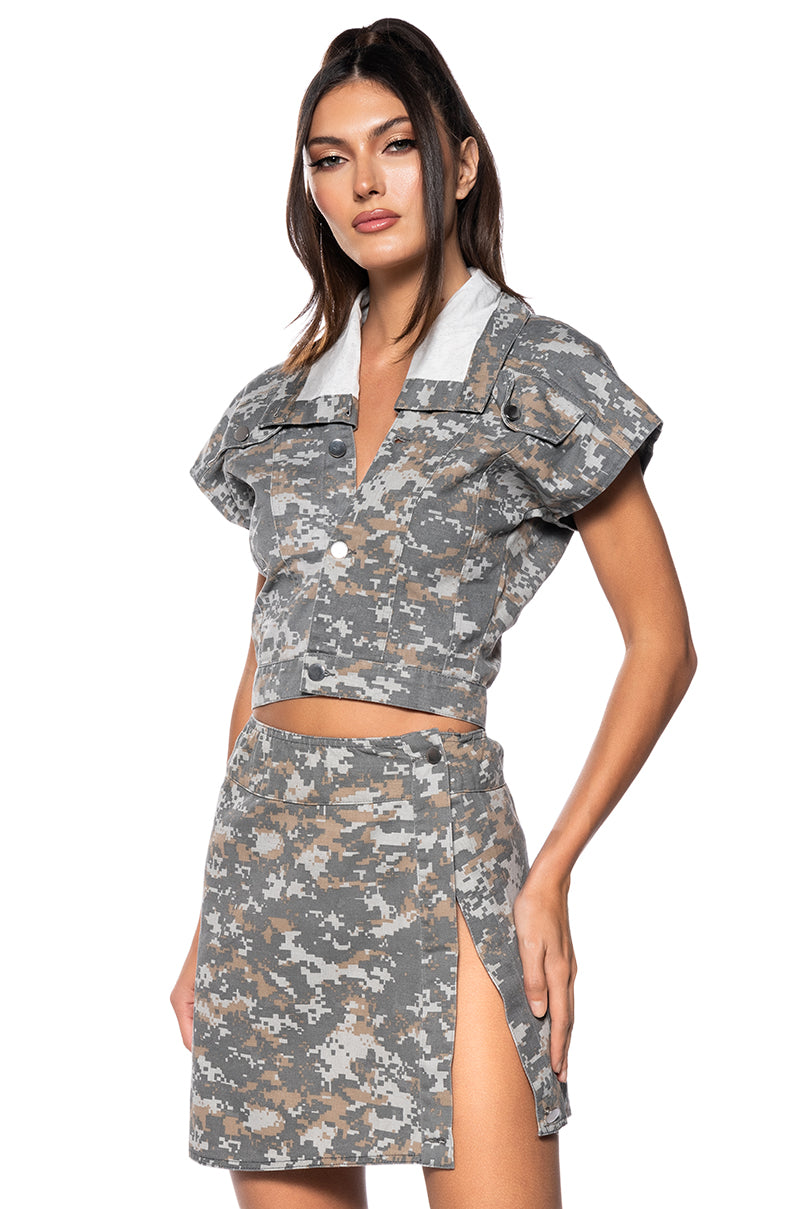 WE RIDE CAMO BUTTON DOWN AND MINI SKIRT SET IN GREY