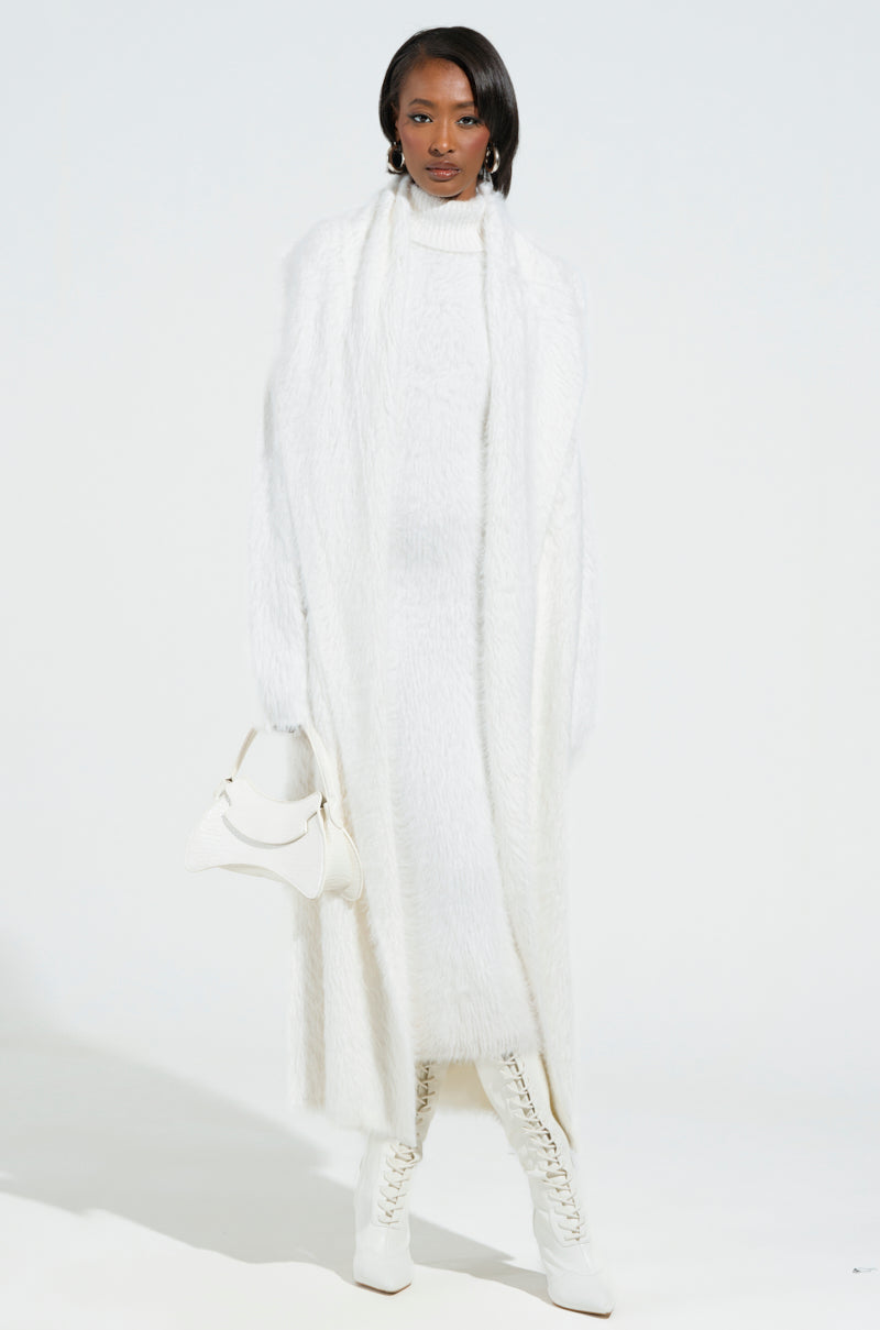 KYLIE FUZZY MIDI DRESS IN WHITE