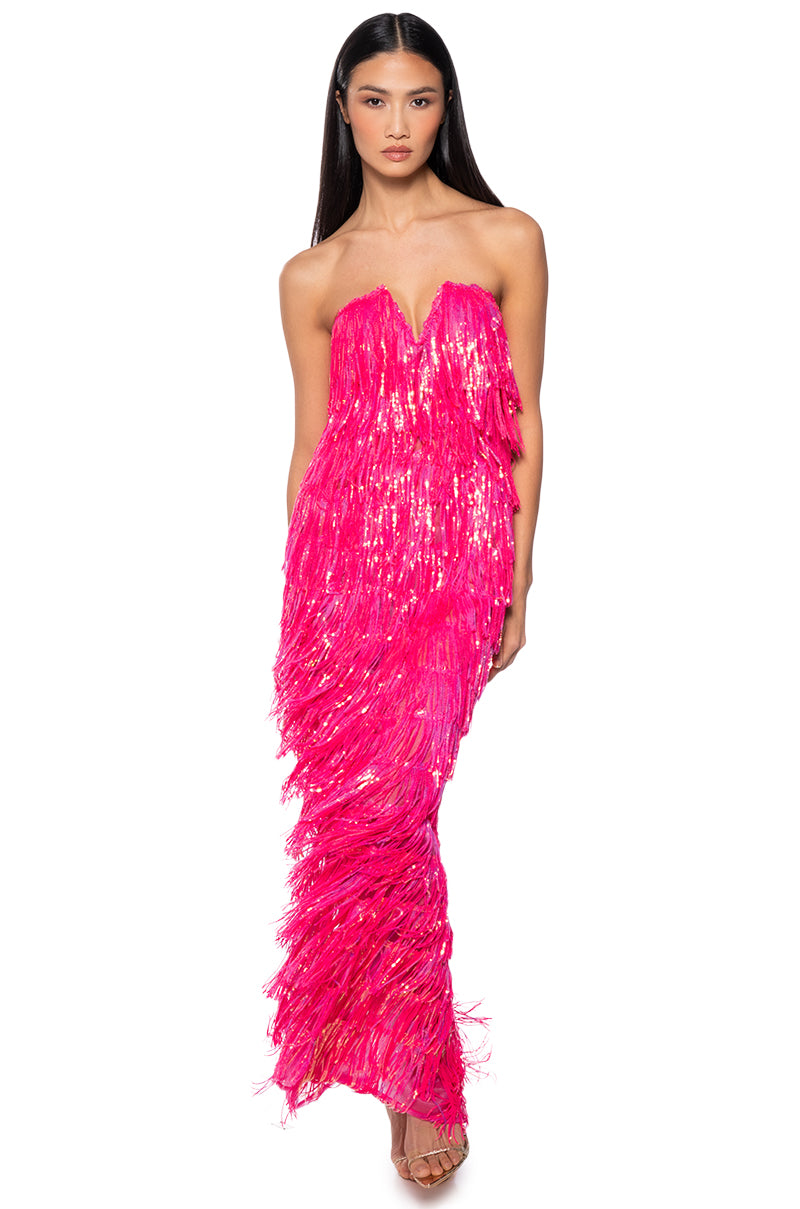 TOP OF THE WORLD STRAPLESS SEQUIN FRINGE MAXI DRESS IN FUCHSIA