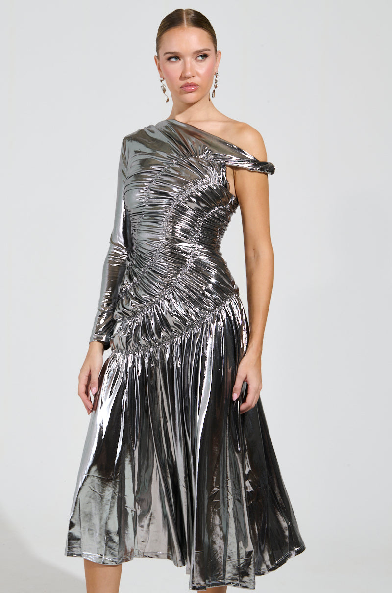 TURN BACK TIME SILVER METALLIC MIDI DRESS