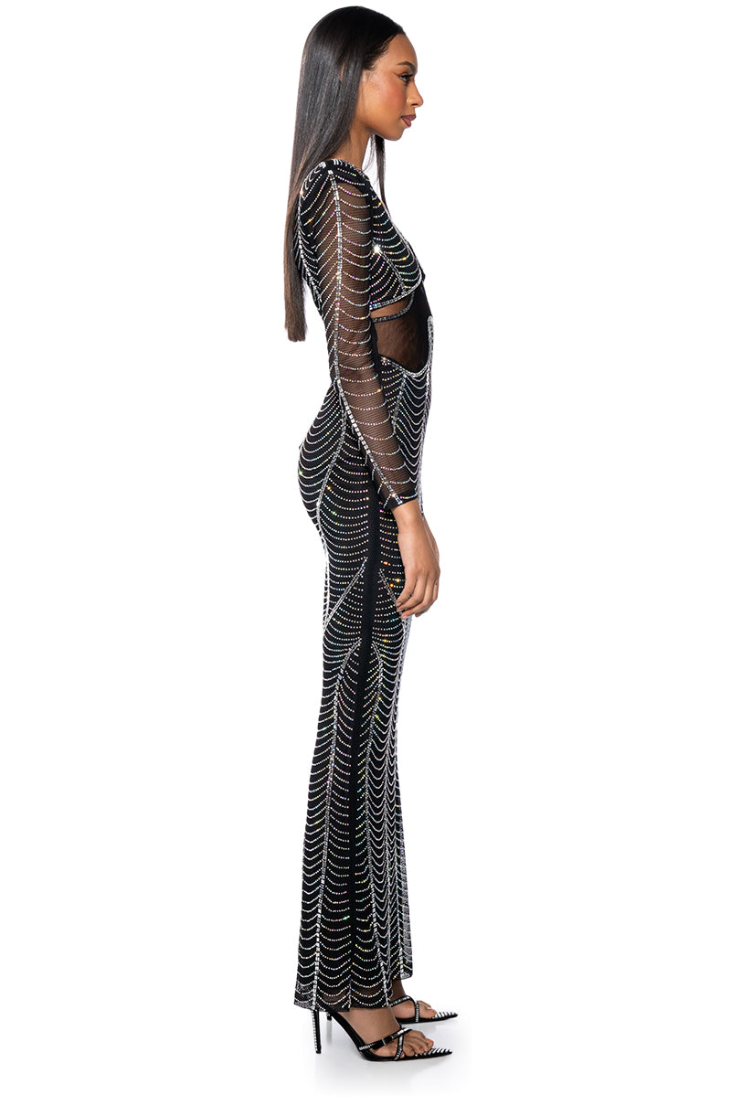 STUNNER RHINESTONE DETAIL MESH GOWN