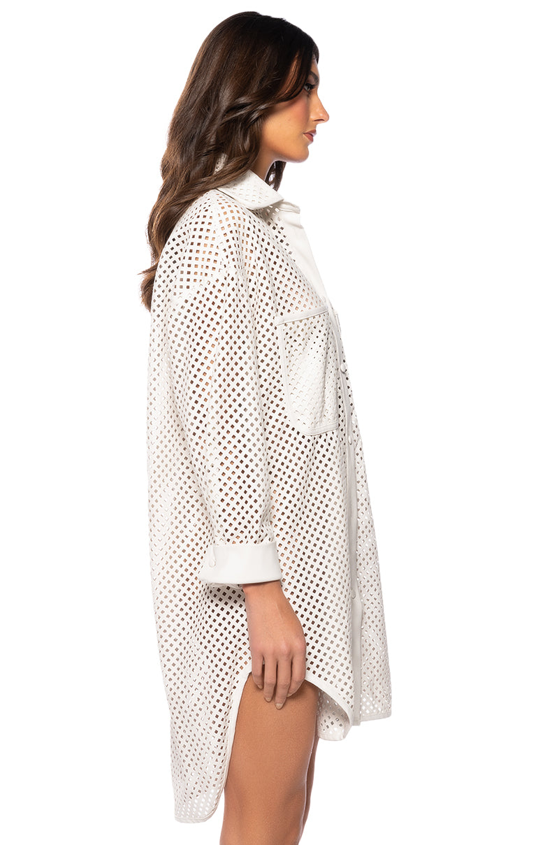 PICNIC MODE LASER CUT FAUX LEATHER BUTTON DOWN MINI DRESS IN WHITE